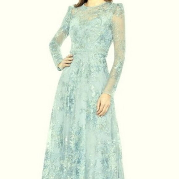 Mac Duggal Powder Blue Green Embellished Illusion Long Sleeve Midi Dress